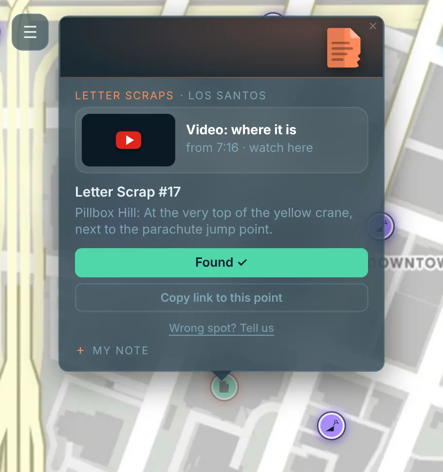 A point card on the GTA 5 map: timestamped video, hint and the Found mark